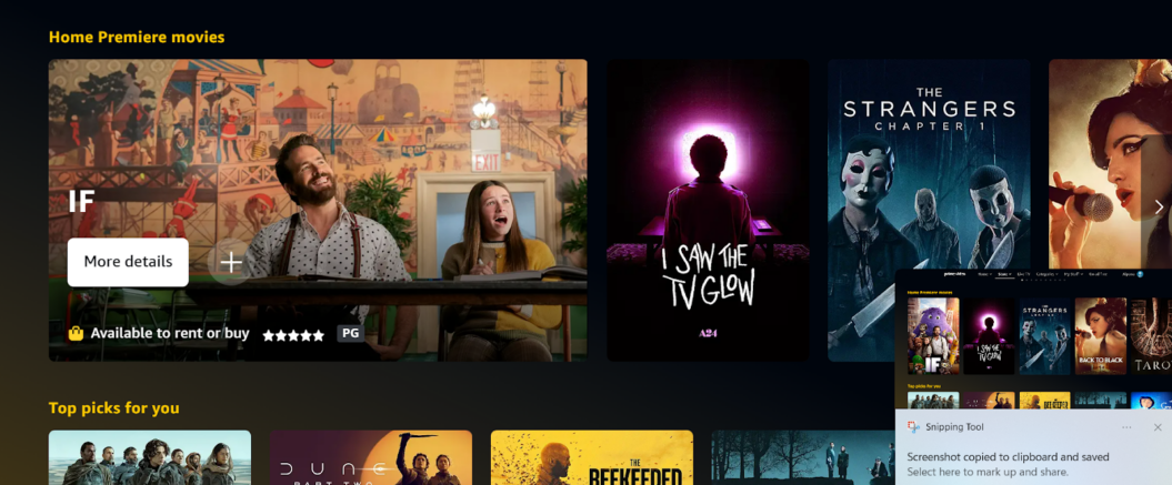 Amazon Prime home screen showcasing movies.