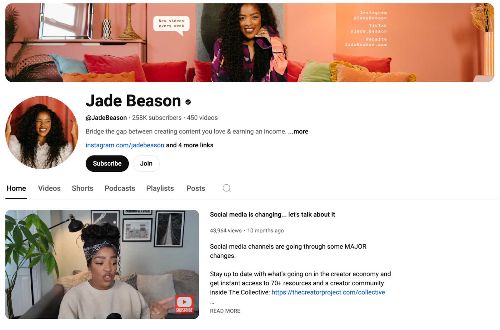 Jade Beason YouTube home page
